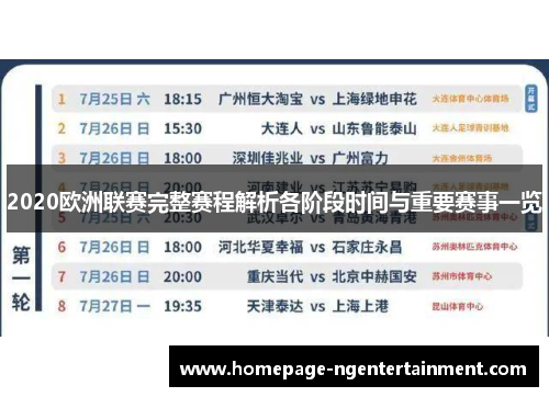 2020欧洲联赛完整赛程解析各阶段时间与重要赛事一览